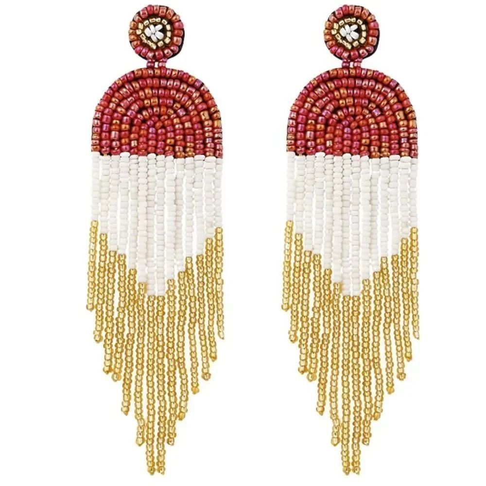Long Boho Multicolor Beaded Tassel Fringe Dangling Fan Chandelier Post Earrings